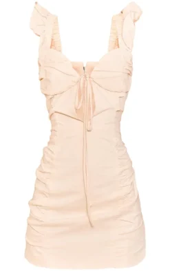 Cream Ruched Frill Strap Bodycon Dress
