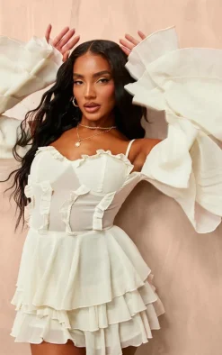 Cream Ruffle Detail Chiffon Frilly Skort Romper