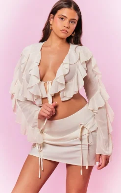 Cream Satin Bow Front Flippy Mini Skirt