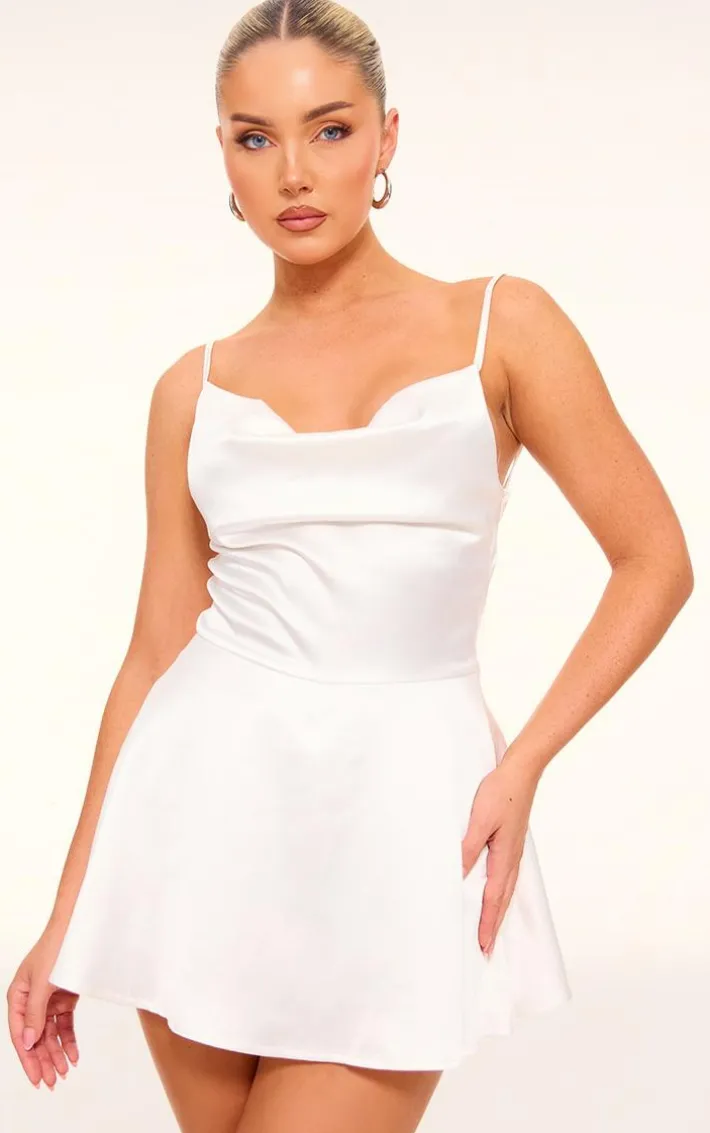 Cream Satin Cowl Neck Lace Up Back Skort Romper