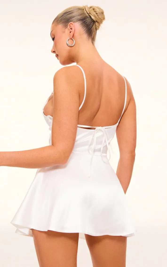 Cream Satin Cowl Neck Lace Up Back Skort Romper