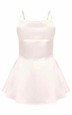 Cream Satin Cowl Neck Lace Up Back Skort Romper