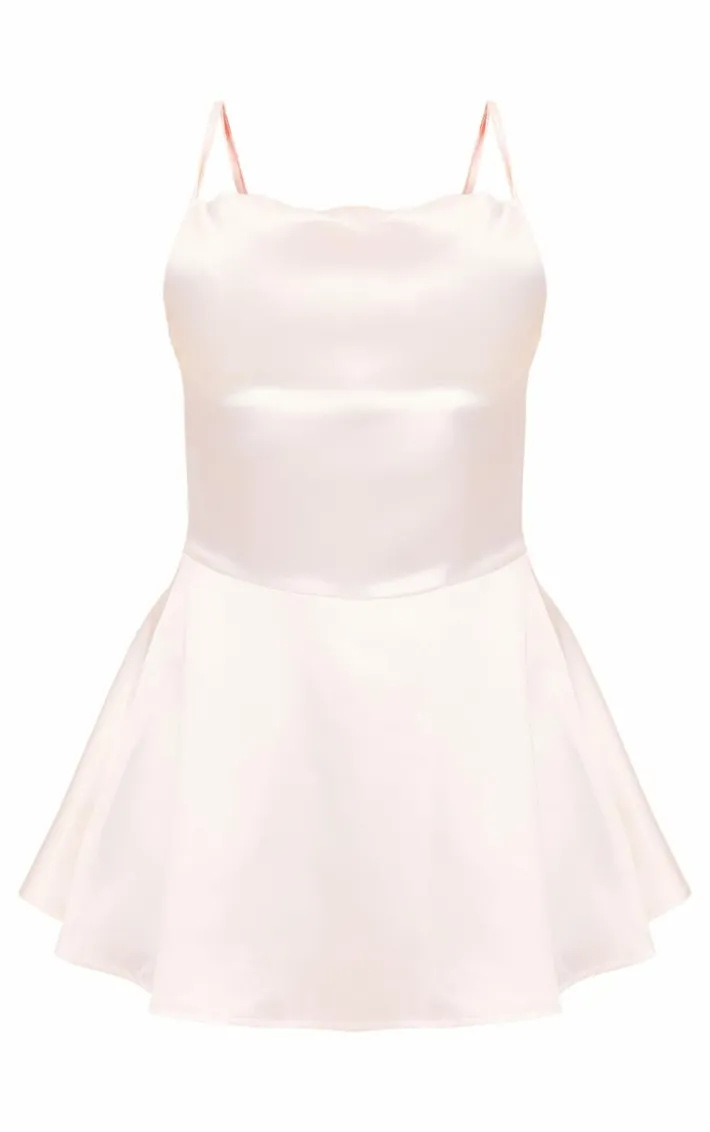 Cream Satin Cowl Neck Lace Up Back Skort Romper