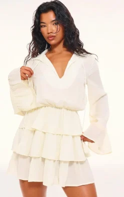 Cream Satin Frill Tie Shift Dress