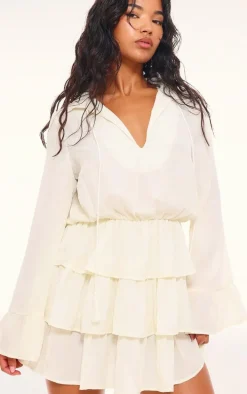 Cream Satin Frill Tie Shift Dress
