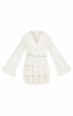 Cream Satin Frill Tie Shift Dress