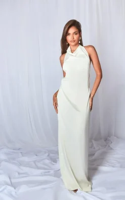 Cream Satin High Neck Open Back Maxi Dress