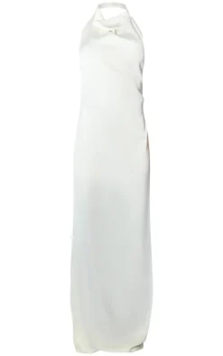 Cream Satin High Neck Open Back Maxi Dress