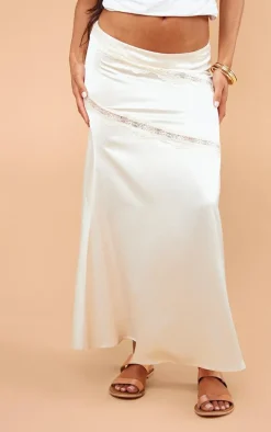 Cream Satin Lace Trim Flippy Midaxi Skirt