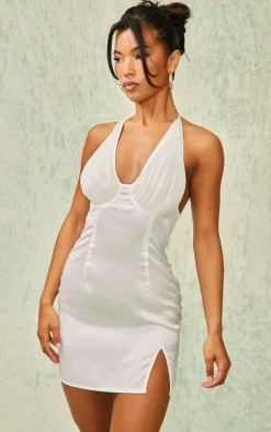 Cream Satin Pleated Bust Detail Halter Shift Dress