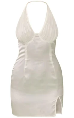 Cream Satin Pleated Bust Detail Halter Shift Dress