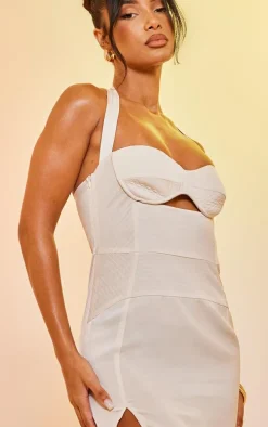 Cream Satin Textured Cup Detail Halter Bodycon Dress