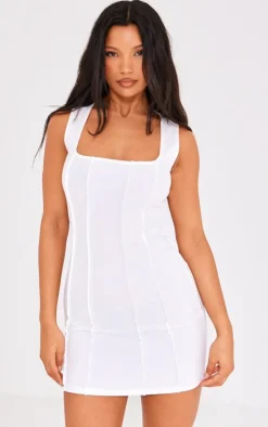 Cream Seam Detail Square Neck Bodycon Dress