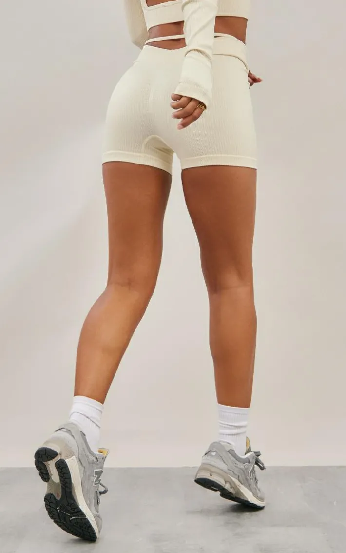 Cream Seamless Strappy V Front Gym Shorts