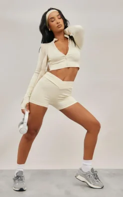 Cream Seamless Strappy V Front Gym Shorts