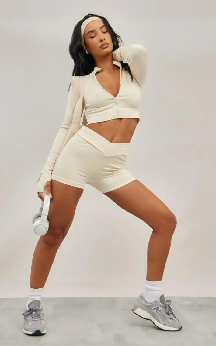 Cream Seamless Strappy V Front Gym Shorts