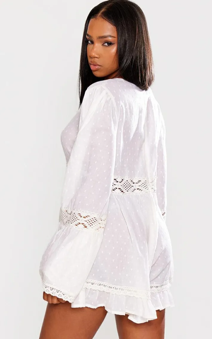 Cream Sheer Dobby Textured V Front Flowy Romper