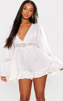 Cream Sheer Dobby Textured V Front Flowy Romper