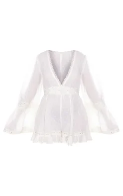 Cream Sheer Dobby Textured V Front Flowy Romper