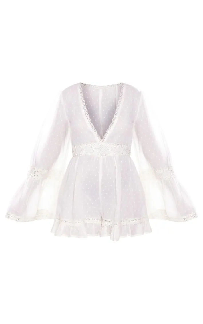 Cream Sheer Dobby Textured V Front Flowy Romper