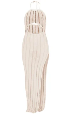 Cream Sheer Knit Cut Out Halterneck Maxi Dress