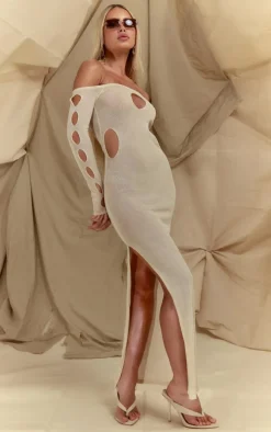 Cream Sheer Knit Cut Out Long Sleeve Maxi Dress