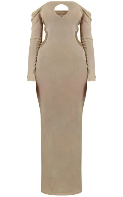 Cream Sheer Knit Cut Out Long Sleeve Maxi Dress