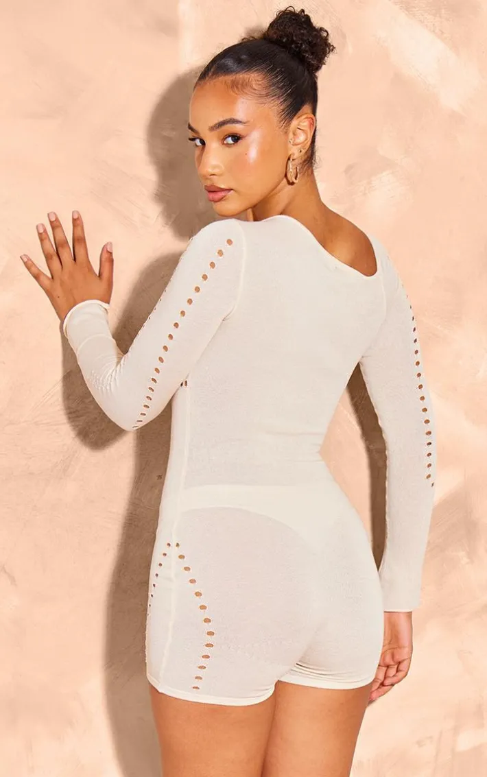 Cream Sheer Knit Cut Out Detail Romper