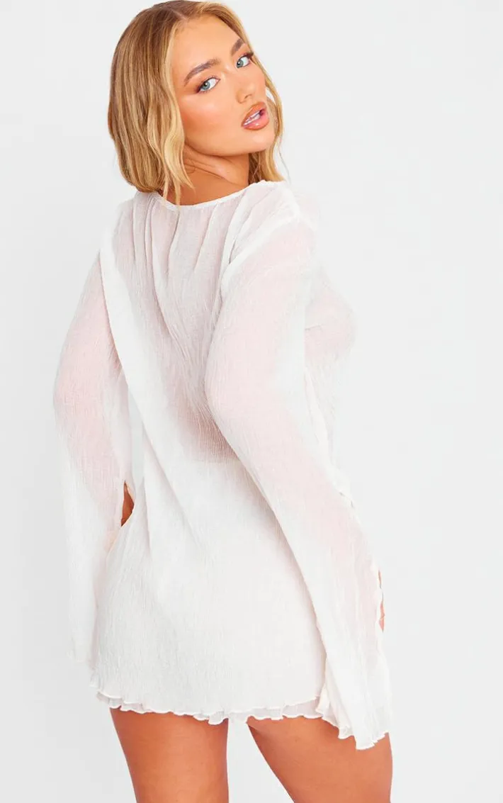 Cream Sheer Textured Longline Top