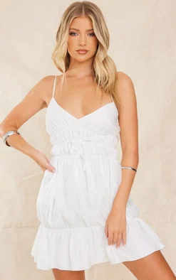 Cream Shiny Elasticated Frill Strappy Shift Dress