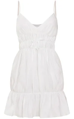Cream Shiny Elasticated Frill Strappy Shift Dress