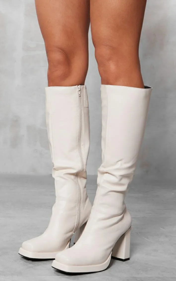 Cream Slight Platform Block Heel Square Toe Knee Boots
