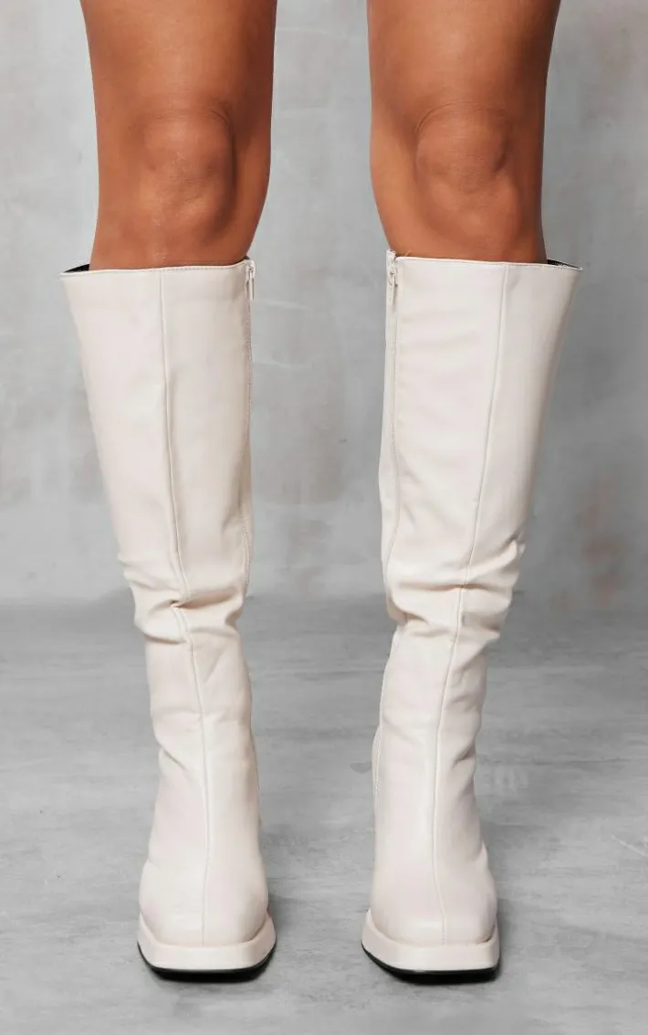 Cream Slight Platform Block Heel Square Toe Knee Boots