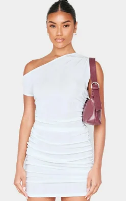 Cream Slinky Acetate Ruched One Shoulder Mini Dress