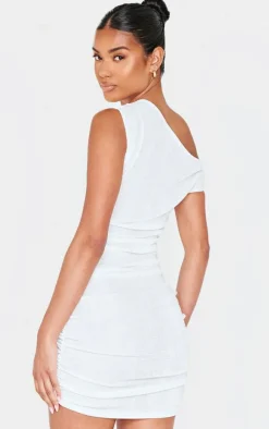 Cream Slinky Acetate Ruched One Shoulder Mini Dress
