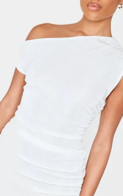 Cream Slinky Acetate Ruched One Shoulder Mini Dress