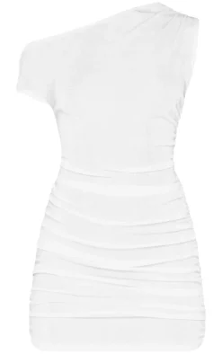 Cream Slinky Acetate Ruched One Shoulder Mini Dress