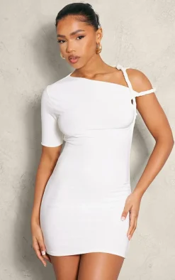 Cream Slinky Twist Shoulder Bodycon Dress