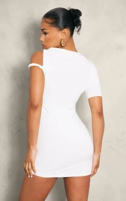 Cream Slinky Twist Shoulder Bodycon Dress