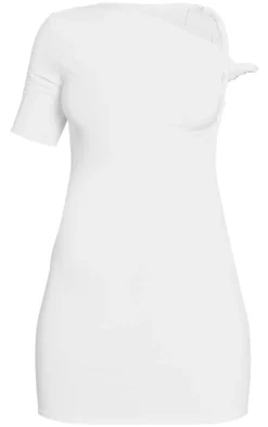 Cream Slinky Twist Shoulder Bodycon Dress