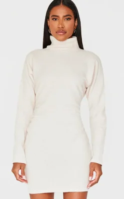 Cream Slouchy Ruched Detail High Neck Bodycon Dress