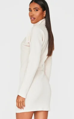 Cream Slouchy Ruched Detail High Neck Bodycon Dress