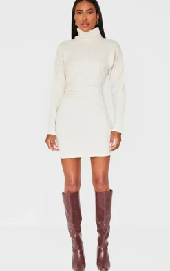 Cream Slouchy Ruched Detail High Neck Bodycon Dress