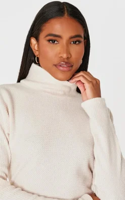 Cream Slouchy Ruched Detail High Neck Bodycon Dress