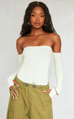 Cream Snatched Rib Bardot Thumbhole Bodysuit