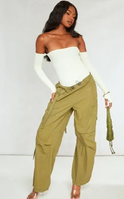 Cream Snatched Rib Bardot Thumbhole Bodysuit