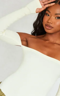 Cream Snatched Rib Bardot Thumbhole Bodysuit