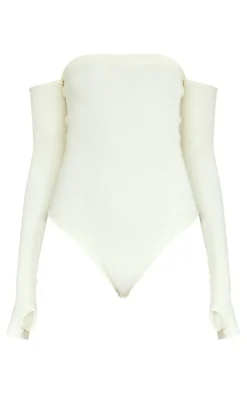 Cream Snatched Rib Bardot Thumbhole Bodysuit