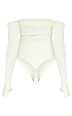Cream Snatched Rib Bardot Thumbhole Bodysuit