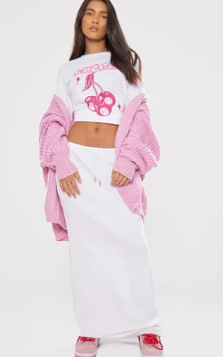 Cream Soft Brushed Rib Drawstring Waist Maxi Skirt